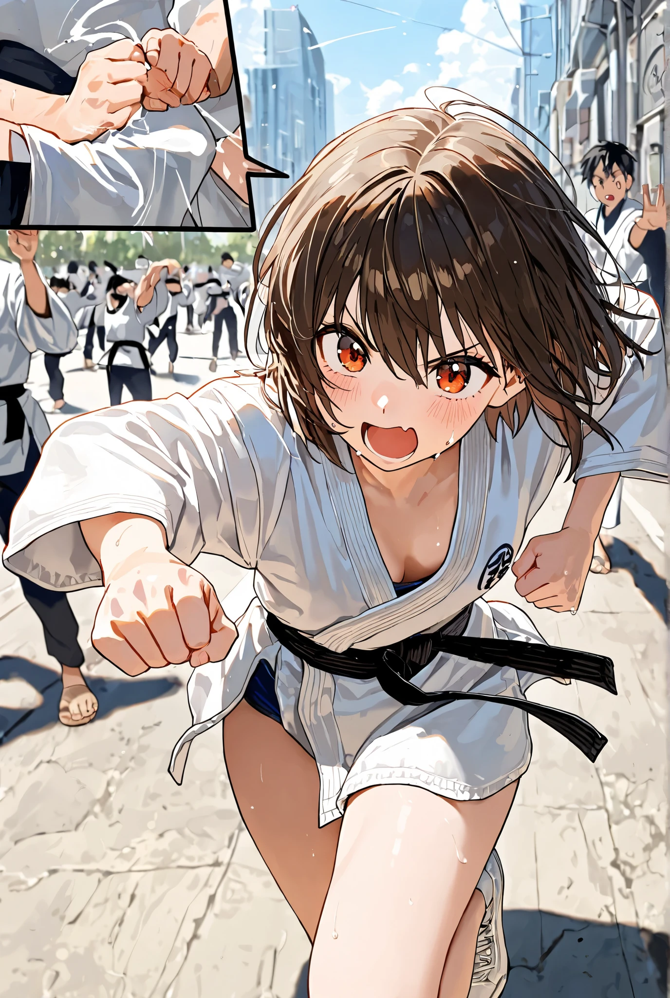 Masterpiece, best quality , ultra detail, cute anime ,karate、Direct punch 、 street fight