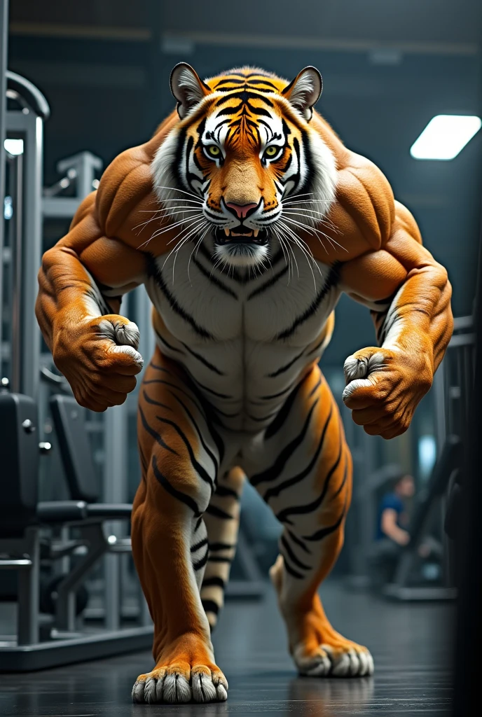 a humanoid tiger standing, furry, muscular body, highly detailed, hyper realism, epic dark background,