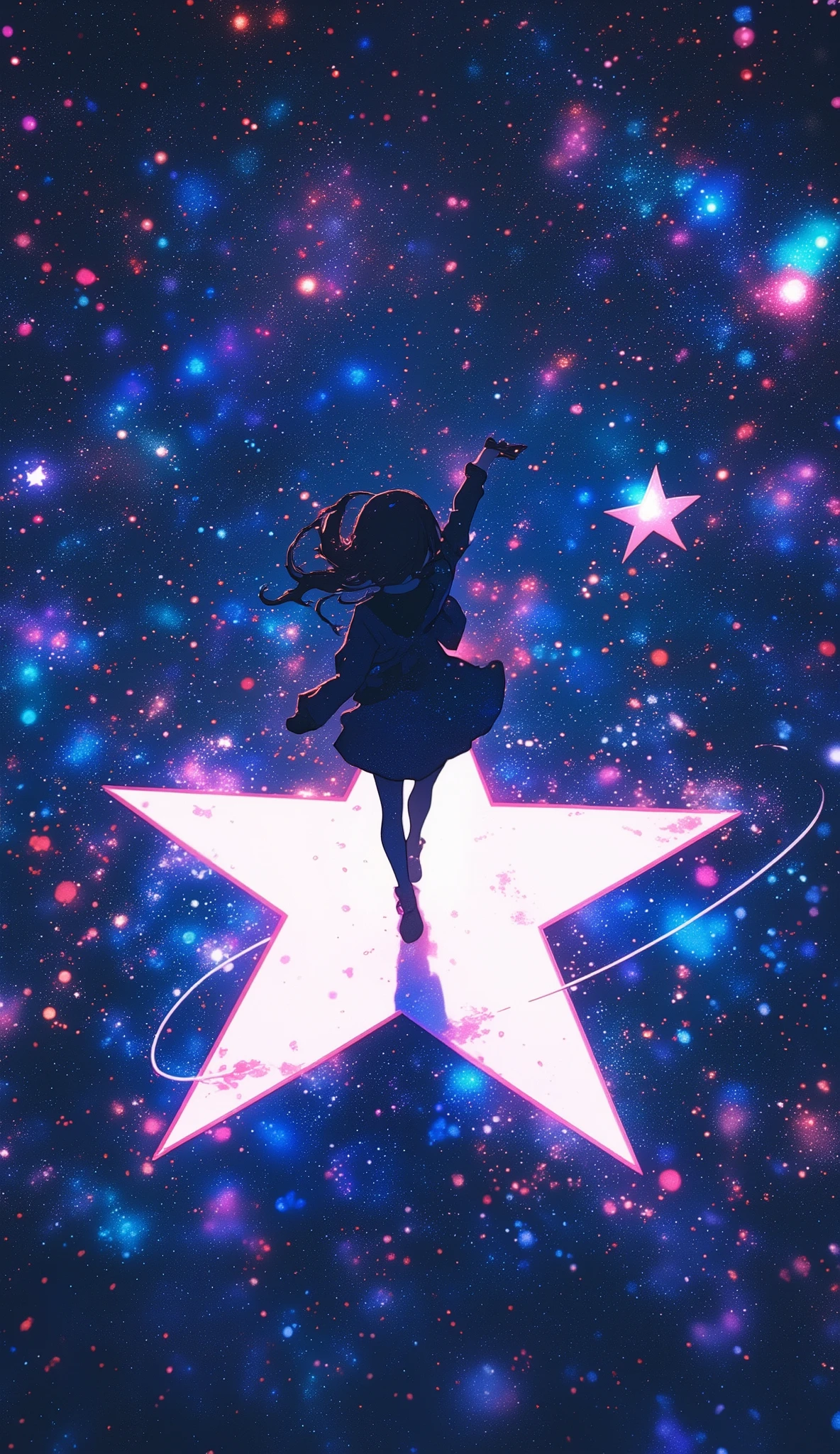  A girl is standing on a horizontally drawn pentagonal star, Alone, Three-dimensional bird's perspective ,  everything is drawn in silhouettes ,  GLOW LIGHT illumination like backlight , Galaxy Expression Live Background, Phantasmal iridescent water mixing,  five-pointed star reflected by vivid vibes , and, she is dancing dynamic posing, dance motion blur, focus on the center,  