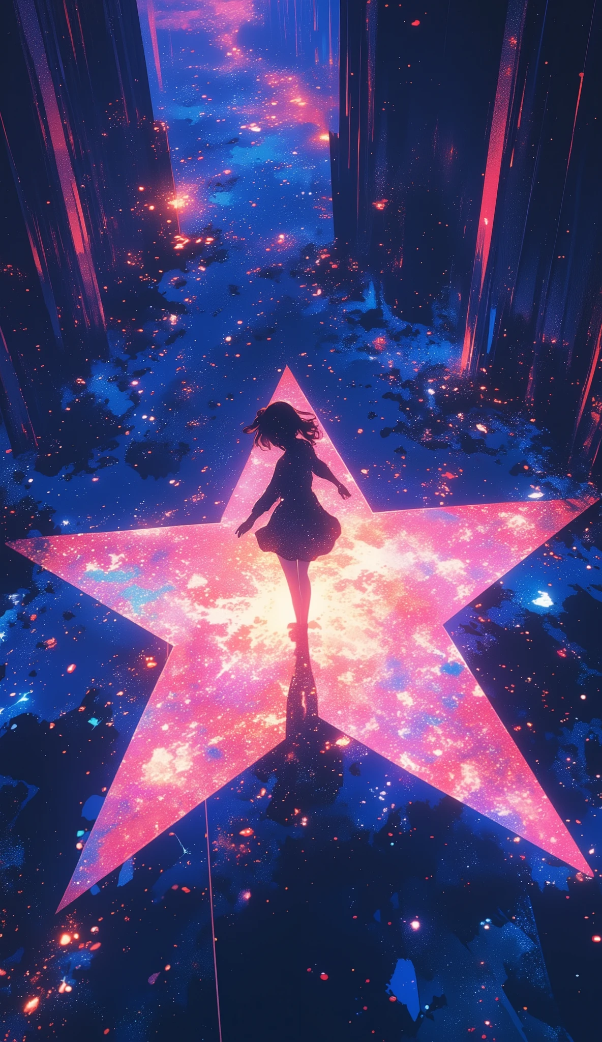  A girl is standing on a horizontally drawn pentagonal star, Alone, Three-dimensional bird's perspective ,  everything is drawn in silhouettes ,  GLOW LIGHT illumination like backlight , Galaxy Expression Live Background, Phantasmal iridescent water mixing,  five-pointed star reflected by vivid vibes , and, she is dancing dynamic posing, dance motion blur, focus on the center,  