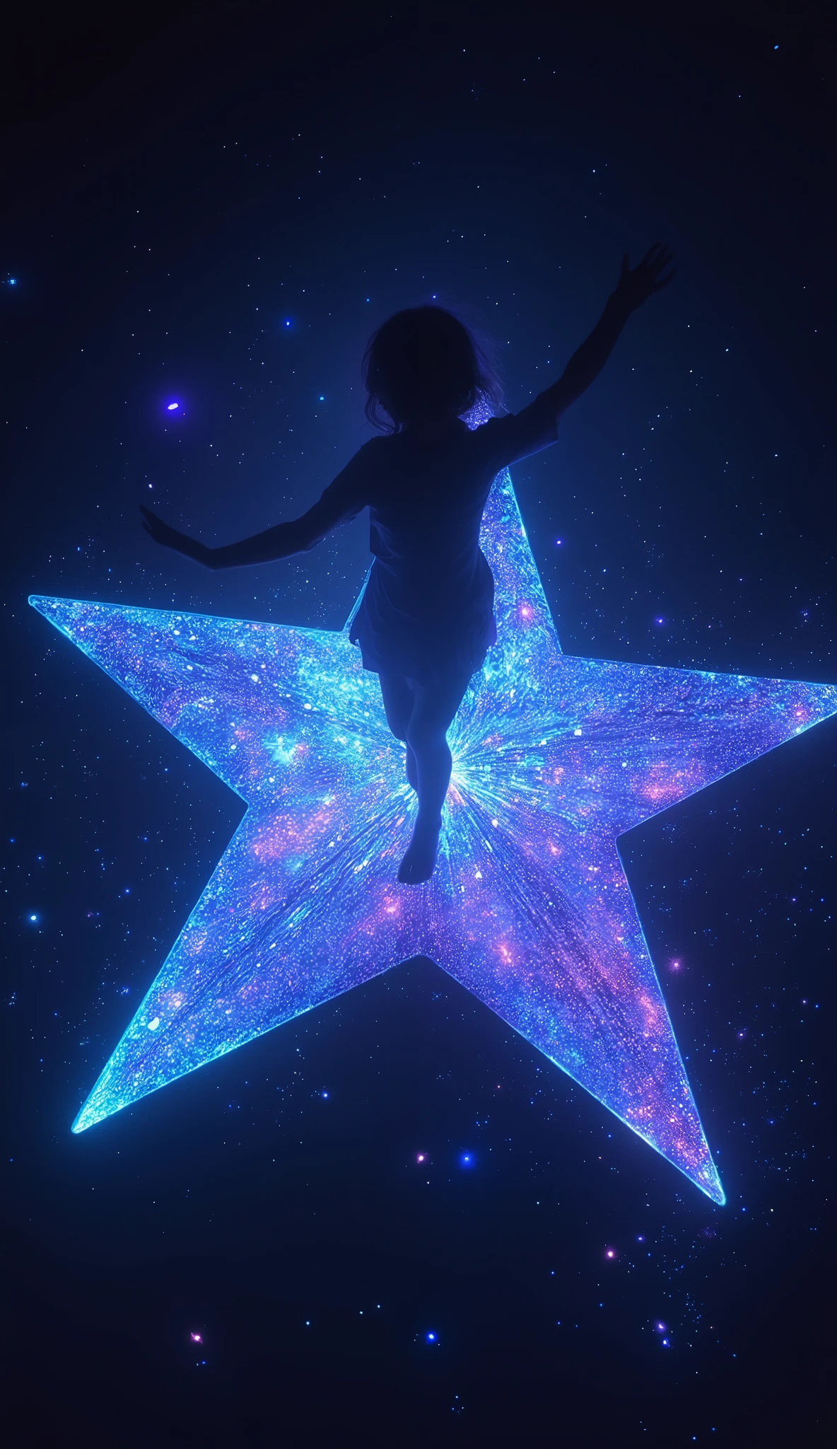  A girl is standing on a horizontally drawn pentagonal star, Alone, Three-dimensional bird's perspective ,  everything is drawn in silhouettes ,  GLOW LIGHT illumination like backlight , Galaxy Expression Live Background, Phantasmal iridescent water mixing,  five-pointed star reflected by vivid vibes , and, she is dancing dynamic posing, dance motion blur, focus on the center,  
