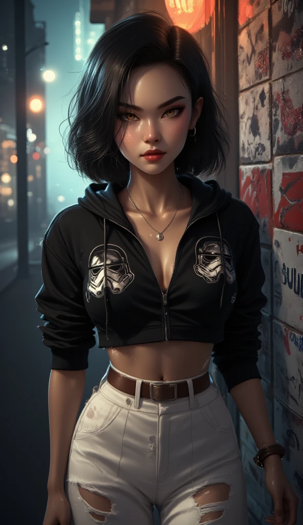  A beautiful young Korean woman .
 Chanel-style black hair , fluttering. 
 honey-colored eyes, expressive, obfuscating, incandescent. 
thin neck.
 Full and voluminous lips , Red color. 
 fine winding. 
 long thin legs .
muscular belly.
 Dressed in a sweatshirt jacket , black color, short,  stormtrups helmet-style hoodie , Print of "StarWars".
wide pants, White color, torn, Hip-Hop style. 
 White platform style shoe . 
 In the background a wall filled with various graffiti.
 low lighting. 
Pole lighting effect .