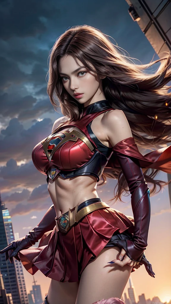 no background, full body shot, superheroine, named crimson bullet,she wears a form-fitting red bodysuit that accentuates her athletic figure. The bodysuit has gold accents, a star emblem on the chest, and intricate designs on the shoulders, hips, and thighs. The suit's material has a metallic sheen that reflects the surrounding light, emphasizing the futuristic theme. Her hair is shiny black and very long has well-groomed waves. She wears long red metallic gloves and matching thigh-high boots, both decorated with gold trim. A futuristic gauntlet is worn on her right arm