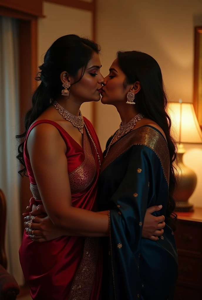 Eldery,eldery,In a modern Indian office, two 75-year-old Indian boss ladies, draped in red sarees, sit at their boss table. They appear to be possessed by Kali, the fierce Hindu goddess, and are performing a Kali ritual. Their natural-colored, tailbone-length hair is slicked back with 10 liters of hair oil, making it shine and cling together in a single, flowing stream. As they shake their heads, their heavily oiled hair flips in unison, revealing their highly visible hairlines and scalps. Their tongues are provocatively extended as part of the ritual.
In front of them, two 40-year-old ladies, wearing blue sarees, observe the performance. These women also have tailbone-length, naturally curly hair, styled similarly with 10 liters of hair oil. As they watch the intense ritual, they engage in a passionate kiss, adding to the surreal and powerful atmosphere of the scene