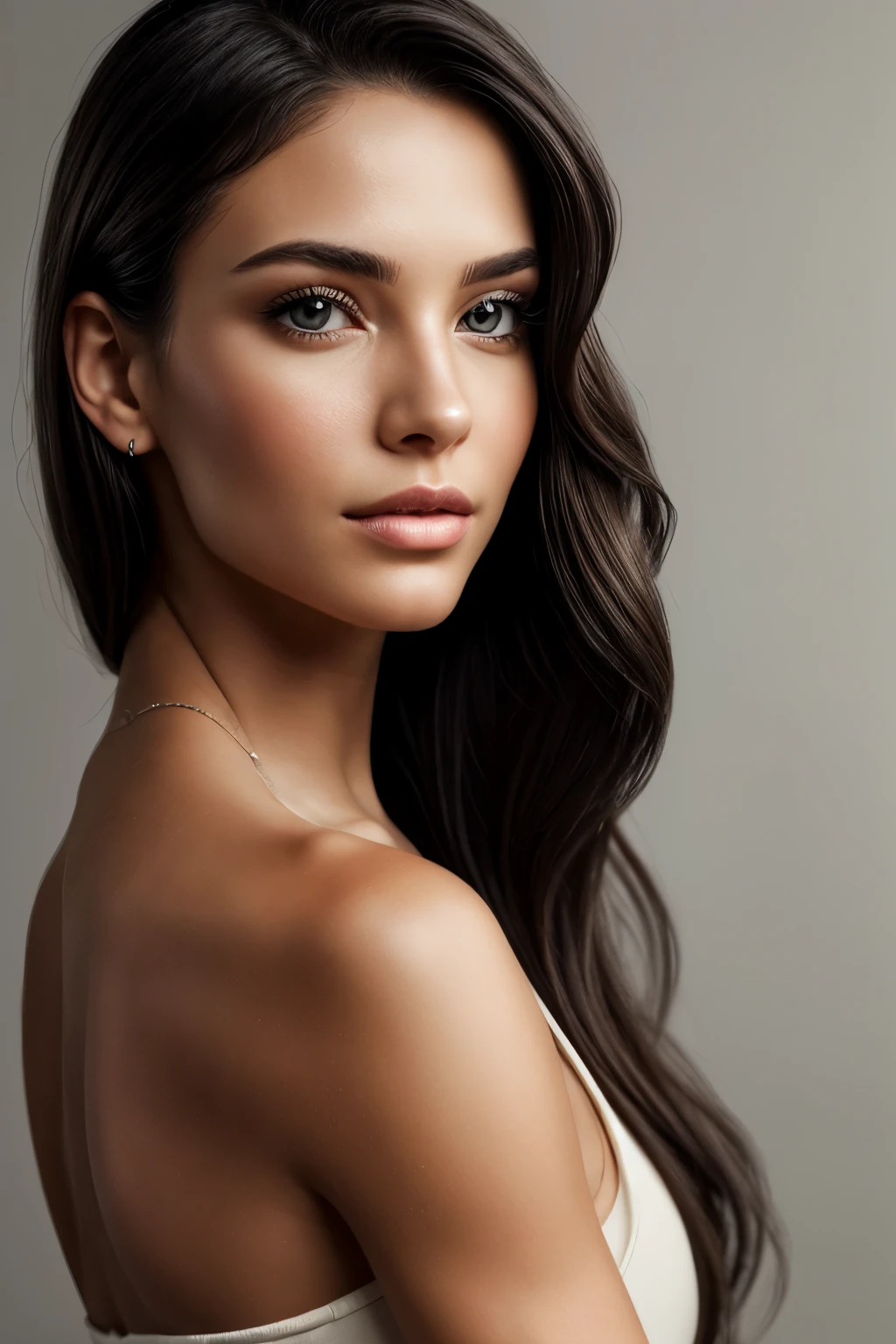Ultra 4K, realistic, ultra-realistic, highly natural, with facial features identical to those of a real person. Create a realistic digital illustration of a young woman, approximately 24 years old, with striking and detailed features. She has long, jet-black hair that is smooth and slightly wavy, cascading over her shoulders. Her eyes are a deep, rich brown with a soft, captivating gaze. Her lips are full and beautifully shaped, with a natural, subtle gloss that enhances their allure. She has a well-defined, fitness-oriented body, showcasing toned arms, a slim waist, and a strong, proportional physique. Her skin is clear and glowing, with a natural, slightly warm undertone. Ensure the lighting is soft and flattering, highlighting the contours of her face and body for a polished and attractive appearance. Place her in a neutral or softly colored background that complements her overall aesthetic