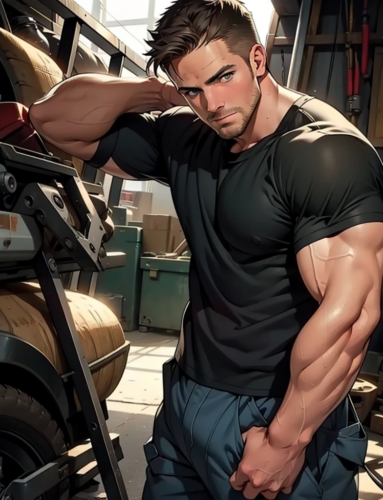 20 years old, big eyes, male, stubble, short hair, huge muscles, exaggerated muscles, mature man, muscle swelling, bodybuilding, pectoral muscles, abs, sitting on blanket, gift streamers on the courier box, courier box, pure white transparent shirt, open shirt, wet, khaki white wide-brimmed sweatpants, high-top sneakers, natural light, wet body, wheat-colored skin, 1man, tattoo on forearm, large courier box on blanket, courier box stacked up, legs stretched forward,