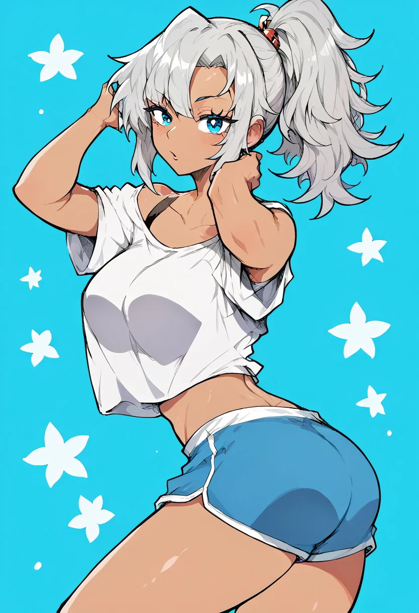 wavy silver hair that cascades to the middle of her back. Brown eyes. Slim and athletic build.. She was wearing a blue skirt.., a light blue shirt with tremendous cleavage on the tits. He was wearing sports shoes.. very busty.