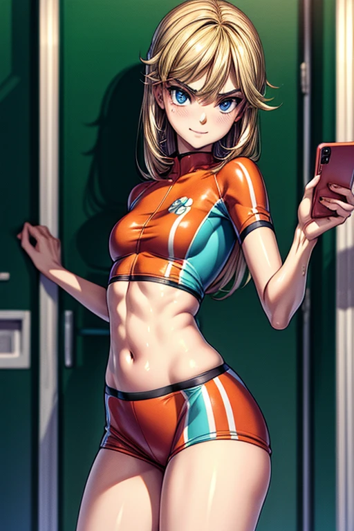 masterpiece , best quality, highres , sarah Miller ,12 years old , 1girl, (Cammy white ) ,  blonde hair ,smug smile  , red beret, (green  Head Outfit:1.3), blue eyes, scar on cheek, green leotard, flat chest , sleeveless,  gloves  , Standing, sexy , background murro 