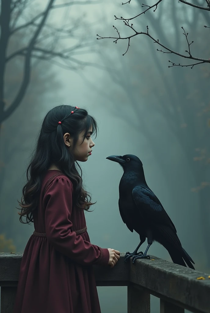 CHILD girl with a black bow and a black dress, girl with dark brown hair, girl with brown hair, black hair ribbons, a beautiful teen-age girl, wearing hair bow, young girl, brown hair and big eyes, half-length photo, photo of young woman, young, beautiful girl, she is about 1 6 years old,  there is a black bird sitting on a wooden rail, long shiny thick black beak, closeup of some crows, cute crows, crows as a symbol of death, crow, crow bird, magpie, crow portrait!!!, black crow, dark crow, is looking at a bird, crows, male, crow, beautiful photo, closeup portrait shot, proud looking away, by Paul Bird