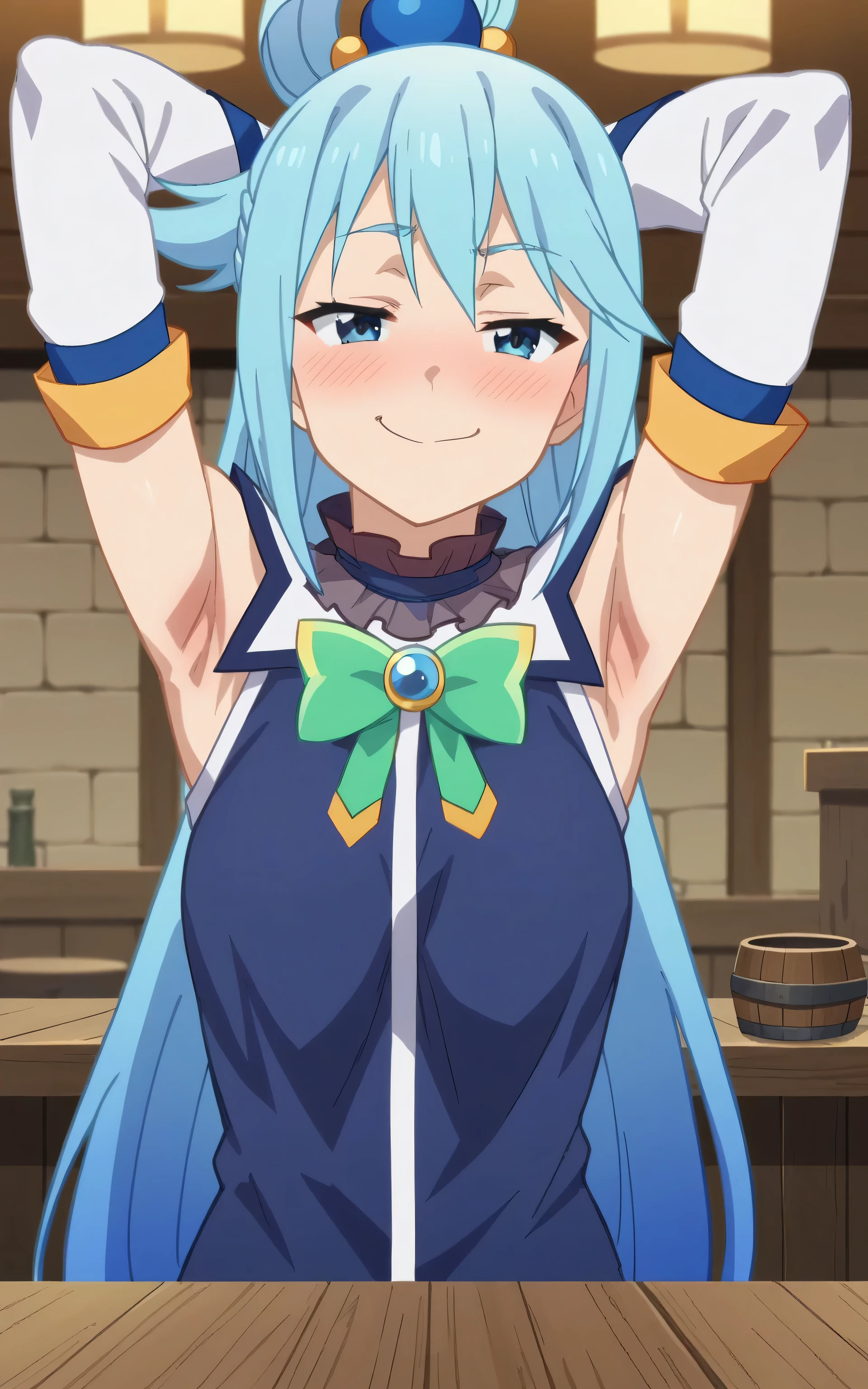score_9, score_8_up, score_7_up, source_anime, anime screencap, 1girl, solo, aqua \(konosuba\), long hair, blue eyes, hair ornament, very long hair, blue hair, hair rings, single hair ring, hair bobbles, shirt, bare shoulders, detached sleeves, blue shirt, green bow, bare shoulders, arms behind head, armpits, head towards viewer, blush, drunk, smile, smug, closed mouth, badhandv4, indoors, tavern
