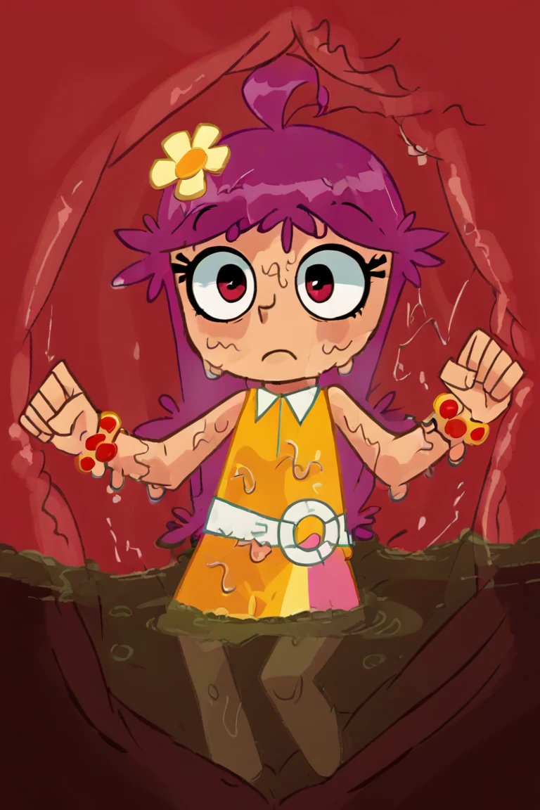 cute with a red dress and princess crown in the forest, her dress up and her white panties down between her legs with her vagina showing and her tearing up and with a sad and scared face