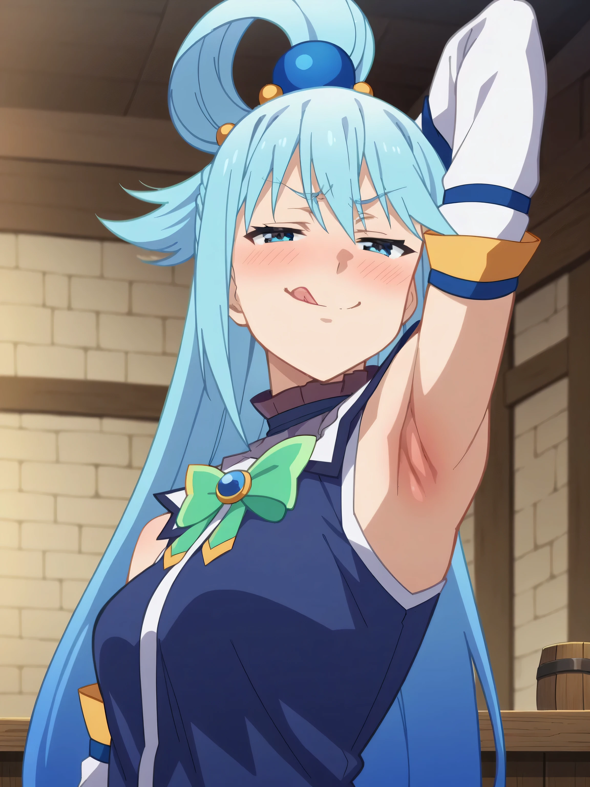 score_9, score_8_up, score_7_up, source_anime, anime screencap, 1girl, solo, aqua \(konosuba\), long hair, blue eyes, hair ornament, very long hair, blue hair, hair rings, single hair ring, hair bobbles, shirt, bare shoulders, detached sleeves, blue shirt, green bow, bare shoulders, arm behind head, armpit, head towards viewer, blush, drunk, smile, smug, closed mouth, badhandv4, indoors, tavern, licking lips, half-closed eyes, from side, from below
