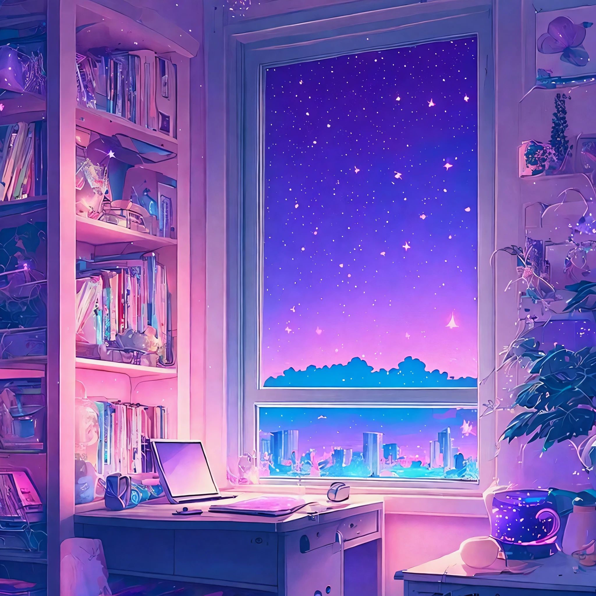 This is a (((lofi anime art print))) of a dreamy and soft y2k bedroom. The bedroom is cozy and nostalgic. ((The lofi and y2k aesthetic are important.)) Include a cluttered desk and bookcase filled with vintage charm. Include a retro computer on the desk. ((There are no people in this image.)) A prominent window in the serene bedroom overlooks a simple pastel city twinkling with stars and a mesmerizing meteor shower. Bathe this artwork in pastel purples, blues, and pinks, creating a dreamy, whimsical, and soft atmosphere. Peaceful mood, soft lighting, dreamy atmosphere, photographic, cinematic, intricate details, high quality, masterpiece, Art Lofi, Null Art Style, Lofi Sensation, portrait of lofi, Lofi Colors, null, lo-fi art, Lofi Vibes , Lofi atmosphere, Lofi hip hop, (Lofi Girl Aesthetics), computer aesthetic, ((dreamcore aesthetic)), (((y2k aesthetic))), y 2 k aesthetic, dreamy aesthetic, office background, background art, highschool background, gamer aesthetic, kawaii aesthetic, wallpaper aesthetic, dreamy illustration, soft aesthetic, cyber aesthetic, magical colored theme, toon aesthetic, violet colored theme, light academia aesthetic