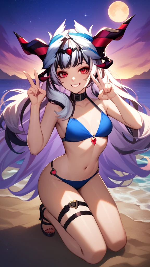 widowmaker front-tie bikini, breasts, navel, swimsuit, smirk, looking at viewer. hearts, sparkles. <lora:widowmakerLast:0.8>