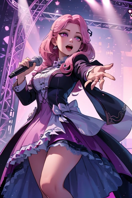 A pink haired woman with violet eyes and an hourglass figure in a purple lacy dress with fishnet tights with cool boots is smiling on stage