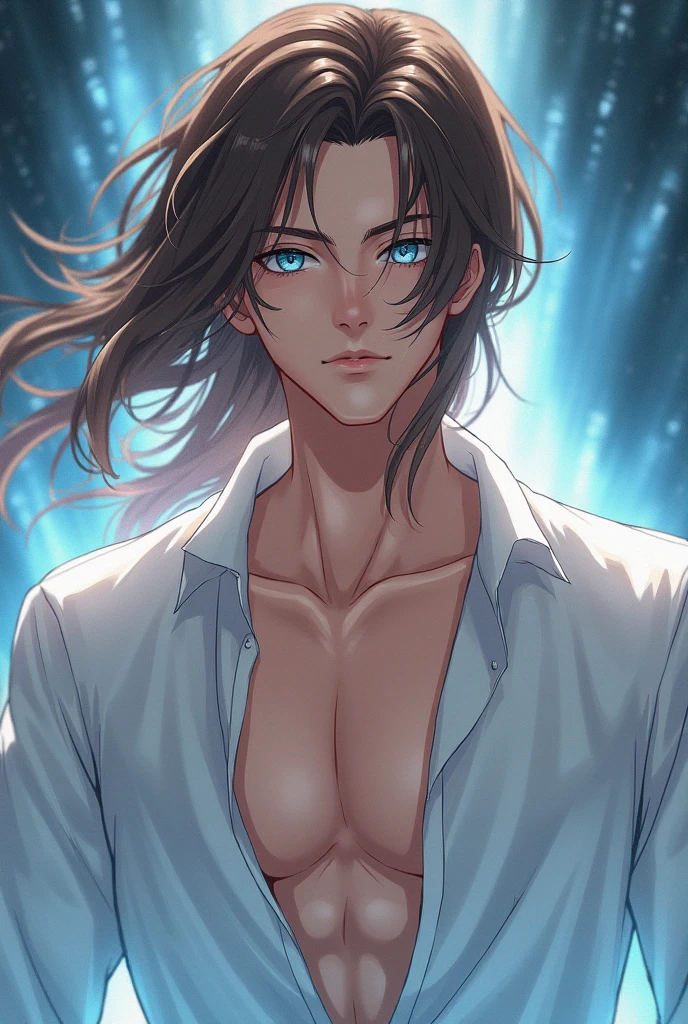 a handsome man with long blue hair, proud expression, piercing blue eyes, extremely detailed face and features, (best quality,4k,8k,highres,masterpiece:1.2),ultra-detailed,(realistic,photorealistic,photo-realistic:1.37),portrait,dramatic lighting,cinematic,intricate details,intense gaze,striking,high fashion,editorial style, smiling, man