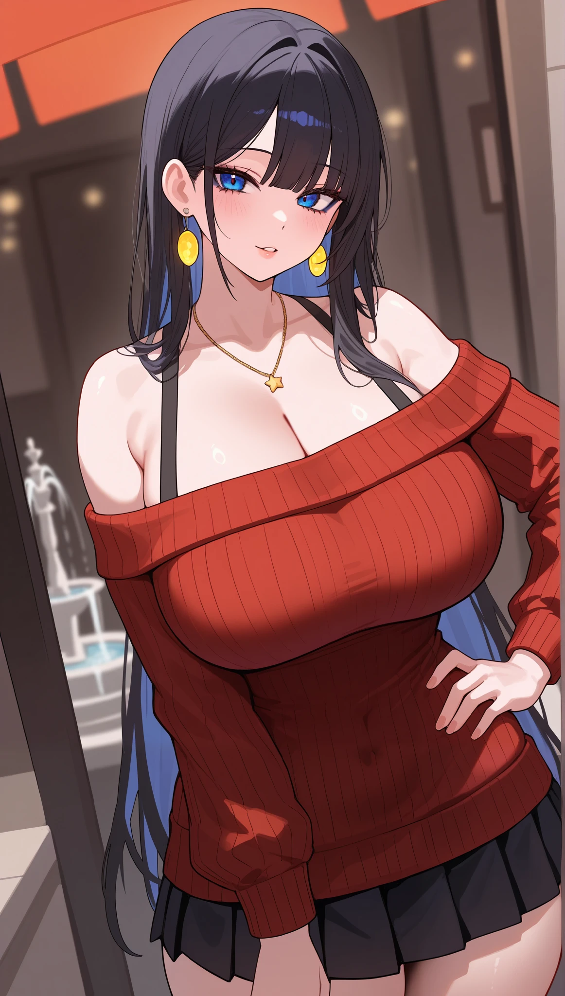 (masterpiece), (portrait), big breasts (aesthetics), ((1 female 21 years old)), Highlight earrings), ((long hair)), ((Hot dark black hair)), straight hair, thin eyes open, blue eyes, cute, female, woman, malicious smile, beautiful, female features, top, high quality, aesthetic clothing, professional angle, (rule of thirds), (feminine), (feminine), (feminine), (beautiful) , (female ) features), solo, (Korean attractive), summer, (ink haze), (afternoon), (vibrant light), seductive posture, ((face looking forward))), red sweater, off-shoulder, with strap, pleated skirt, ((Energy)), (Bold Makeup), (Big Breasts), Fair Skin, (Clothes with Hip Hop Details, horny and slutty voluptuous woman), (a hot muscular woman, muscular woman, hot fit, voluptuous mature body, super curvy body), (Sleep Neckline), Beautiful Hands, Body beautiful, beautiful ears, beautiful eyes, bright eyes, beautiful mouth, beautiful lips, needy expression, square with fountain,, hot and thick thighs