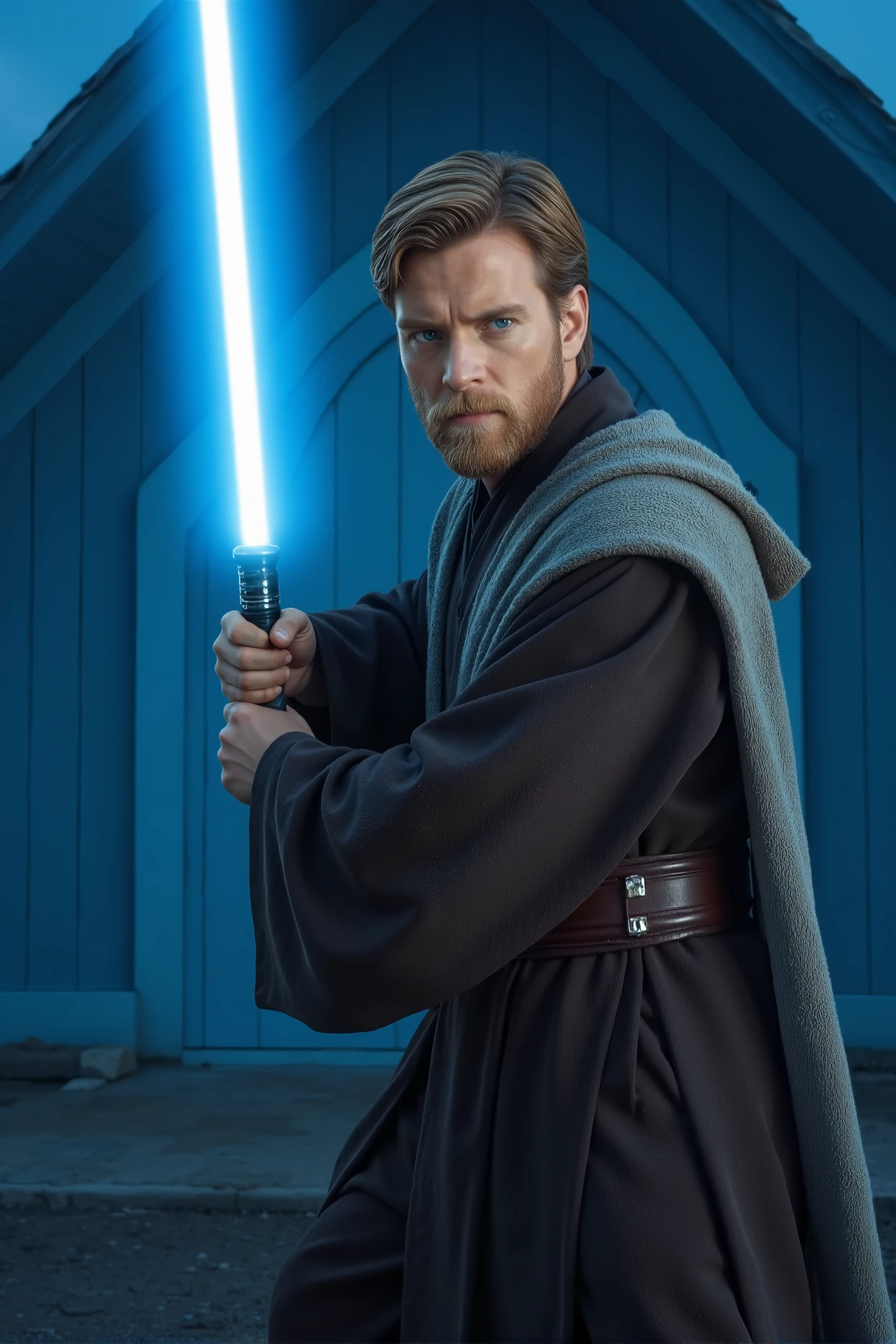 man, adult, Young, House of 20 deep blue , short dark blonde hair, blue eyes, tall and muscular but not bulky, Jedi clothes, blue lightsaber, adventure, penetration, fighting pose, Jedi Knight, beautiful