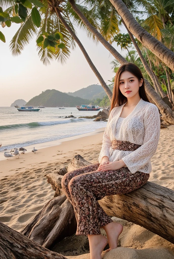 A  beautiful Muslim girl, slightly chubby  is relaxing sitting on a large fallen coconut tree on the beach,gaze looking at the camera seagulls can be seen from a distance, the atmosphere is beautiful in the afternoon, the sun is setting. Coconut trees, big boats, rocks, waves in the ocean