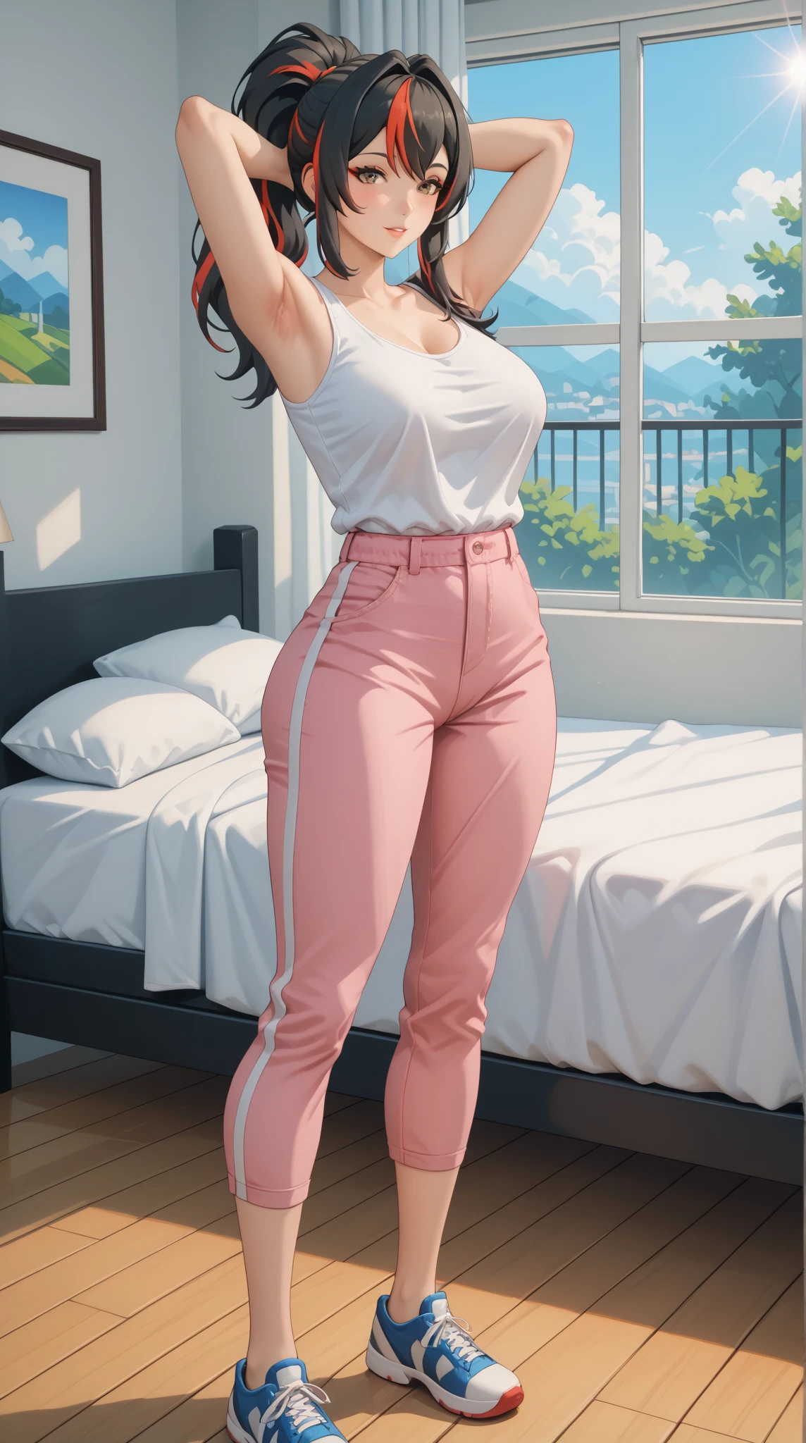 score_9_up, score_8_up, score_7_up, 1girl, solo, mature female, ((Debbie Grayson)), black tied hair, black eyes, pink lips, parted lips, fit slim body, ((perfect medium erected breast)), ((( pink long sleeve with tight jeans))), bedroom, perfect model body, looking at the viewer, standing in seductive pose, touching her tits