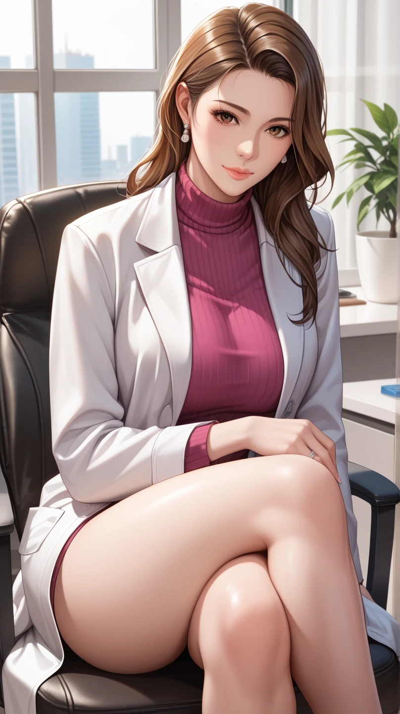 Score_9, Score_8_up, Score_7_up, Score_6_up, Score_5_up, Score_4_up, Source_anime, Tag1, Tag2, Quality_masterpiece, brown hair , brown eyes, MILF , voluptuous , seductive , attractive , curvy , perfect features , perfect figure , perfect body , perfect face , perfect lips and eyes , perfect nose and mouth , elegant , glamour , beautiful , Detailed Body , Detailed Face , Detailed Nose , Detailed Eyes , Detailed Skin , Detailed Lips , Detailed Mouth , Perfectly Detailed , Ultra Detailed , Ultra Highly Detailed , Ultra HD , Accurate , Masterpiece , Anatomically Correct , High Details , High Quality , Super Detailed , Full Detailed , Fully Detailed , UHD , 8K , wearing lab coat, turtleneck sweater under a lab coat, crossed legs, sitting on a chair, long hair, closed mouth, facing forward, front view 