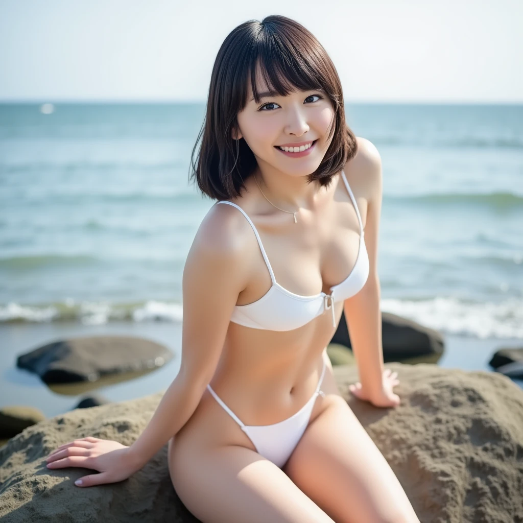 An ultra-high picture quality、8K、Beautiful blue sea、White sandy beach、skin tanned、bright and energetic girl、tiny chest、Model-like body shape、hi-school girl、Idol、Cute teenage girl、Shy smile、Messy short brown hair、Healthy tanned skin、Super High Leg、sexy mike bikini、small swimwear、Sharp Focus