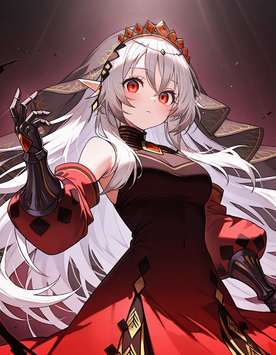 white hair, red eyes, pretty girl, gradation dress, red and black dress, veil, black veil, gauntlet, big eyes