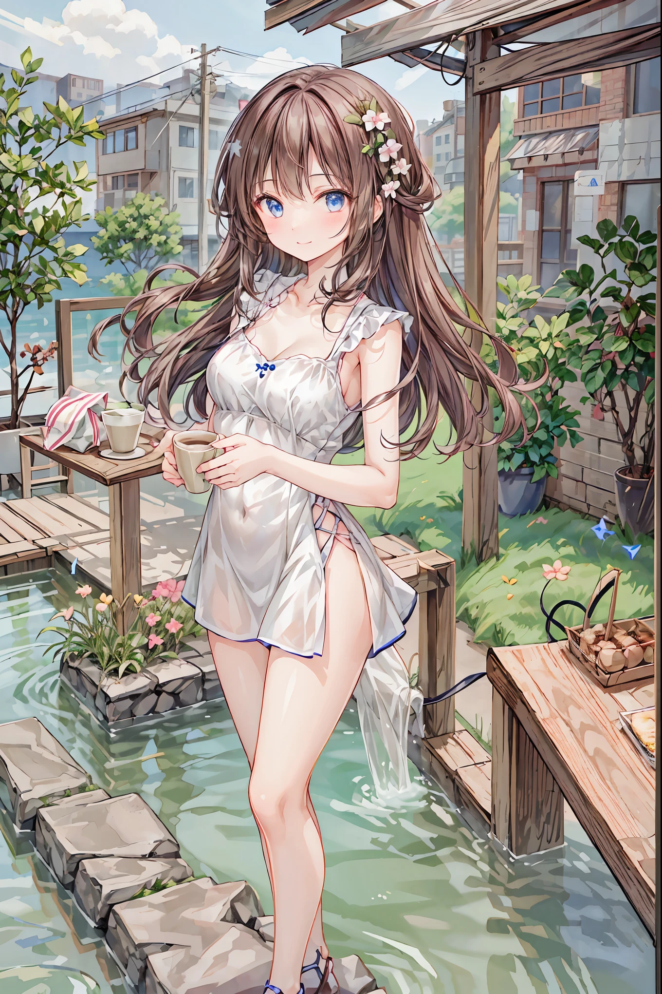 ((Highest quality, masterpiece)), Very delicate and beautiful, bright, cowboy_shot, from_Down, girl, woman, woman, young, 20-year-old, Long Hair, Princess Cut, Parted bangs, Twin tails, Light brown hair, Delicate face, blush, Beautiful eyes in every detail, big_chest, Thighs, greenの目, White skin, green_bow, Sleeveless_dress, Sleeveless, Shorts, just_feet, White clothes, green sky, Beautiful and detailed gardens, Very beautiful detailed water,