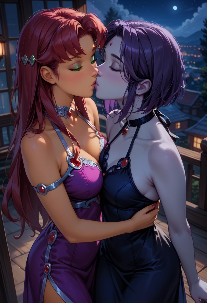 score_9, score_8_up, score_7_up, 2girls, couple, yuri, masterpiece, best quality, \\n\\n, eyes half-closed, detailed face, (Raven, colored skin:1.2), (Starfire, colored skin:1.3), wearing (short halter dress:1.2), perfect anatomy, (detailed, hands, perfect:1.1), kissing, romantic date, walking together, cute couple, in love, (dark, night:1.2), cowboy shot, (high angle, shot from above:1.2), face focus.