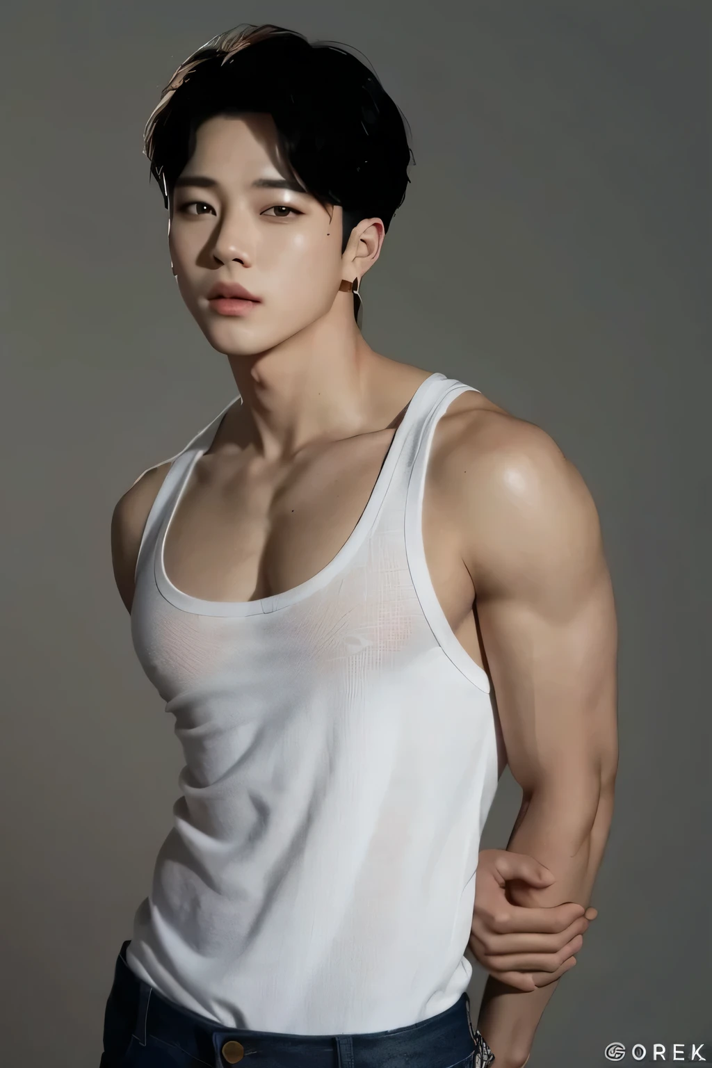 Oppabu 3, (masterpiece, Hyper Quality, High resolution, 8k, Complex: 1.2), (Detailed face:1.2), (Wear a black blouse:1.5), good looking, Detailed Skin, Couple, Disorganized, Robust, First grader, Male focus, ((Realist)), Office Room,good quality of lighting, Muscle veins, ((White skin)), bending, Balanced Eyes, Black colored eyes,Upper body naked、Muscular、Broad shoulderuscle々、