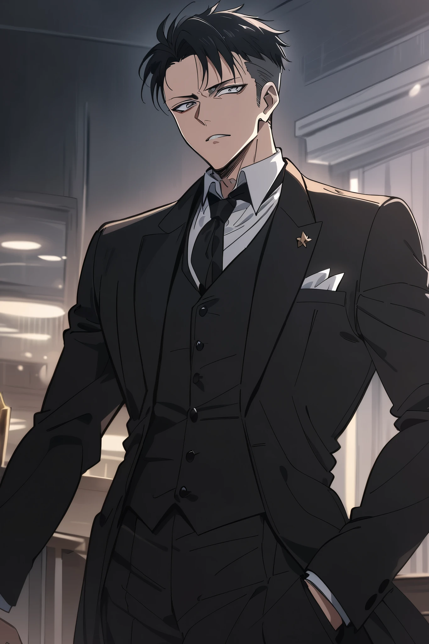 .Full-length picture 
Levi Ackermam in a dapper black suit looking handsome and charismatic and badass with a sexy expression.Masterpiece, Best Quality, Award Winning, UHD, Anime, Anime Style, Anatomically Correct, High Details, High Quality, Super Detailed, 