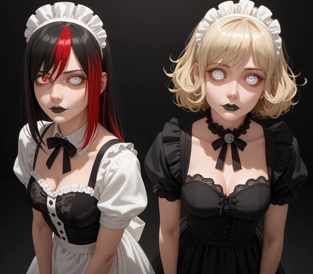 2 girls,  far view, full body visible, unfocused eyes, pov, bubbles around head, mindless, far view, revealing pose, standing, face focus, hyper detailed face expression, facing viewer, hyper detailed eyes, blank eyes, white eyes, big breasts, black lingerie goth clothes, maid costume,  (girl with layered blonde hair, small nose), (girl with black hair and red highlights, black lipstick, ),  different hair, different clothes, layered hair, wolfcut hairstyle, frilled socks, yandere, collar,  black lace bra, goth clothes, pouty lips, masterpiece, best quality, uncensored, hyper realistic, hyper detail, golden royal bedroom background