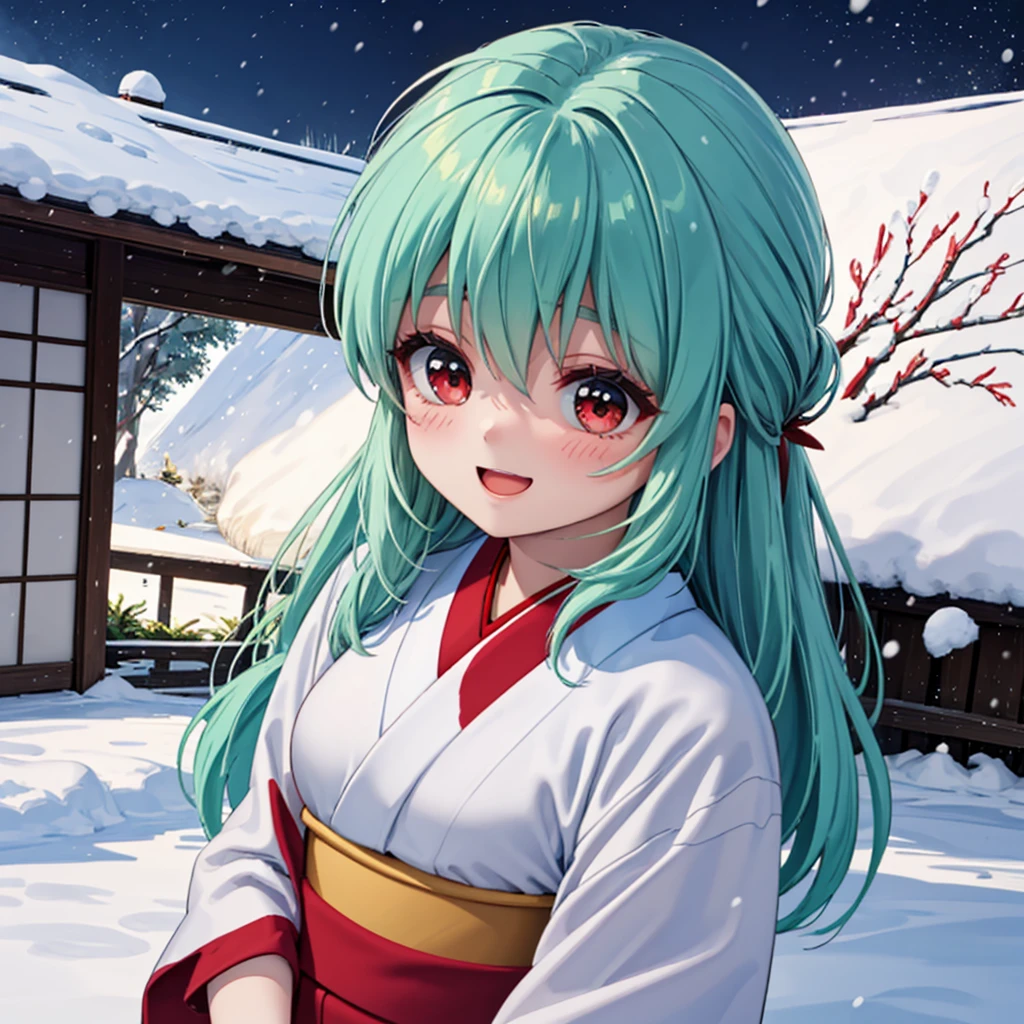 ( Best Quality、8k、masterpiece))、(( 1 girl))、(( cute))、 big smiles in the garage、Blush your cheeks、 is opening her mouth、 Green Colored Hair、 super detailed face、 super detailed eyes、(( red eyes))、Ultra detailed hair、Red kanzashi 、(( kimono))、Temple grounds、 beautiful night sky、((snowing))