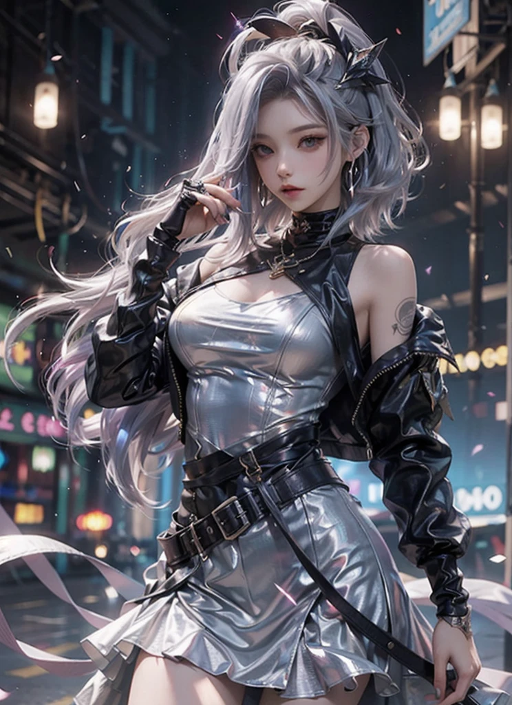 One Girl, Gray Hair, Long Hair, Techwear masterpiece, highest quality, Realistic, Dark purple jacket, Portraiture, fine grain,Platinum Hair, 21 year old girl, Fashion pose, Half Body, Wide Shot, on the road, cyber punk,(((He has many tattoos all over his body)), (((Tight waist))), ((Big Breasts)),(See-through),panties