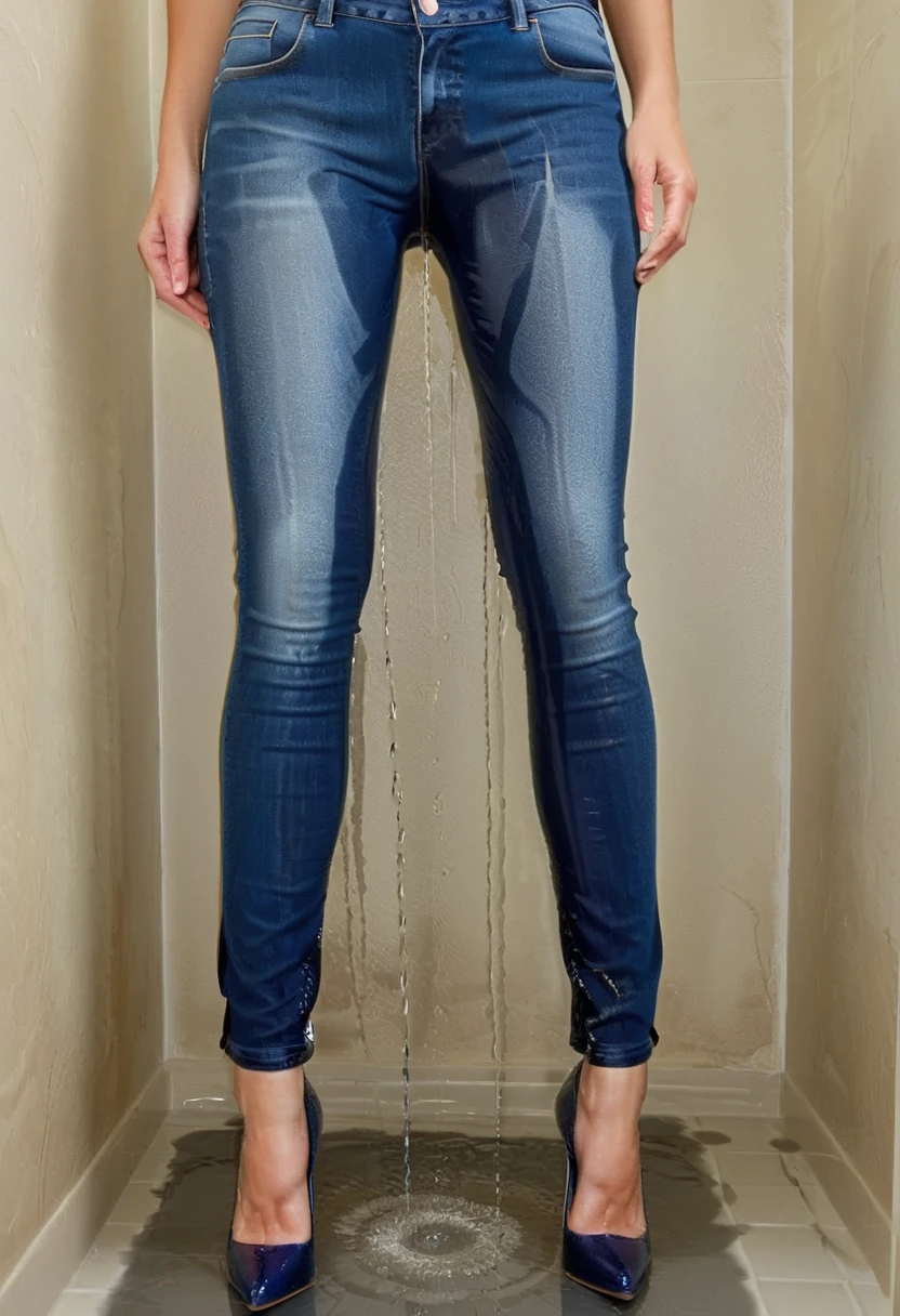 attractive blonde woman wearing skinny jeans, flat heel pumps, white blouse, standing in an office, wetting, big smile, pee stains are gleaming wet, shoes are flooded with pee, ((((jeans are soaked with pee below the knees)))), toe cleavage flooded with pee