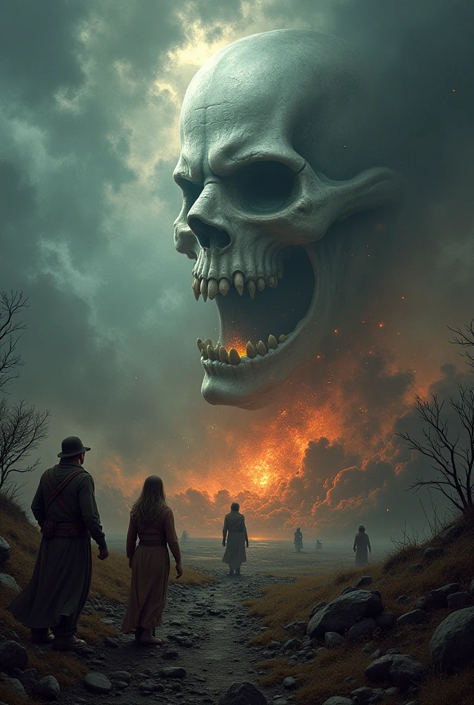 8k, UHD, HDR, intricate details, Photo, a man talk to each other over a pile of corpses,The image depicts a group of rock star with various powers and abilities, standing together in front of a fiery background, Appendix architecture made of skeletons., Fancy, intricate, elegant, Very detailed, centered, symmetry, chart, intricate, volumetric lighting, beautiful, masterpiece of rich deep colors, sharp focus, ultra detailed, In the style of Dan Mumford and Marc Simonetti, astroPhotografía