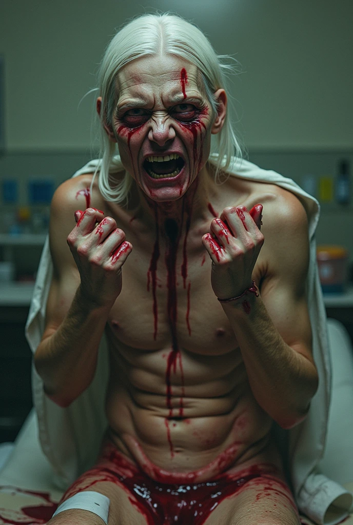 fictional scary male creature with glowing white eyes has a scary smile with sharp teeth has a fit athletic physique wears no shirt is holding a knife , in cum bedroom scenario at night , light coming through the window , front view , 4K , best qualityer , high détail , Masterpiece artwork