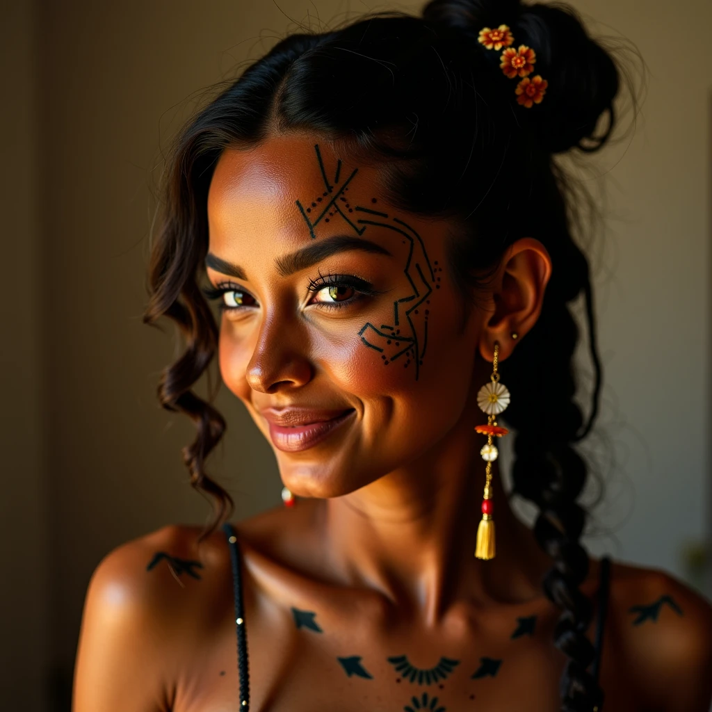Woman in her 30s with dark wavy hair, beautiful smile and big eyelashes. Smiling and with tribal paint on his face
