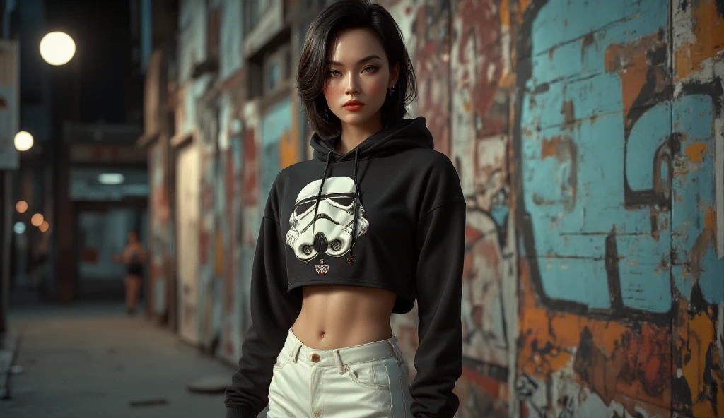  A beautiful young Korean woman .
 Chanel-style black hair , fluttering. 
 honey-colored eyes, expressive, obfuscating, incandescent. 
thin neck.
 Full and voluminous lips , Red color. 
 fine winding. 
 long thin legs .
muscular belly.
 Dressed in a sweatshirt jacket , black color, short,  stormtrups helmet-style hoodie , Print of "StarWars".
wide pants, White color, torn, Hip-Hop style. 
 White platform style shoe . 
 In the background a wall filled with various graffiti.
 low lighting. 
Pole lighting effect .