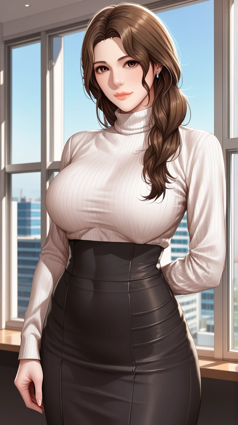 Score_9, Score_8_up, Score_7_up, Score_6_up, Score_5_up, Score_4_up, Source_anime, Tag1, Tag2, Quality_masterpiece, brown hair , brown eyes, MILF , voluptuous , seductive , attractive , curvy , perfect features , perfect figure , perfect body , perfect face , perfect lips and eyes , perfect nose and mouth , elegant , glamour , beautiful , Detailed Body , Detailed Face , Detailed Nose , Detailed Eyes , Detailed Skin , Detailed Lips , Detailed Mouth , Perfectly Detailed , Ultra Detailed , Ultra Highly Detailed , Ultra HD , Accurate , Masterpiece , Anatomically Correct , High Details , High Quality , Super Detailed , Full Detailed , Fully Detailed , UHD , 8K , wearing turtleneck and a long skirt, near window, office room, long hair, closed mouth, facing forward, front view 