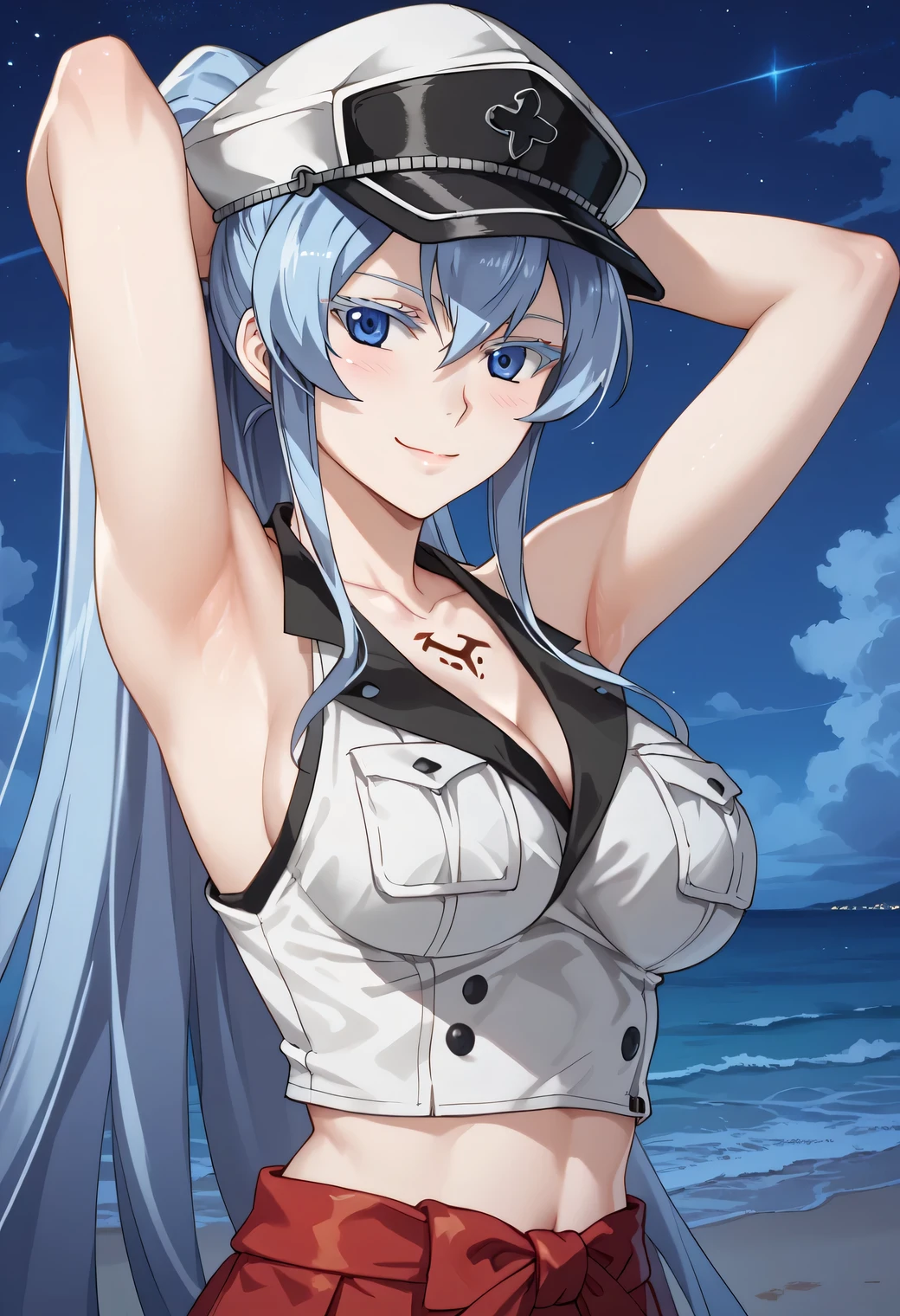 esdeath, 1girl, blue eyes, light blue hair, long hair, eyelashes, solo, 1girl, breasts, spread armpit, arms behind head, solo, looking at viewer, upper body, closed mouth, night sky, beach, masterpiece, best quality, smile, in the center, ERZASCARLET, SARASHI, CHEST SARASHI, RED HAKAMA, MIDRIFF, BARE SHOULDERS, PONYTAIL, HAT, blush