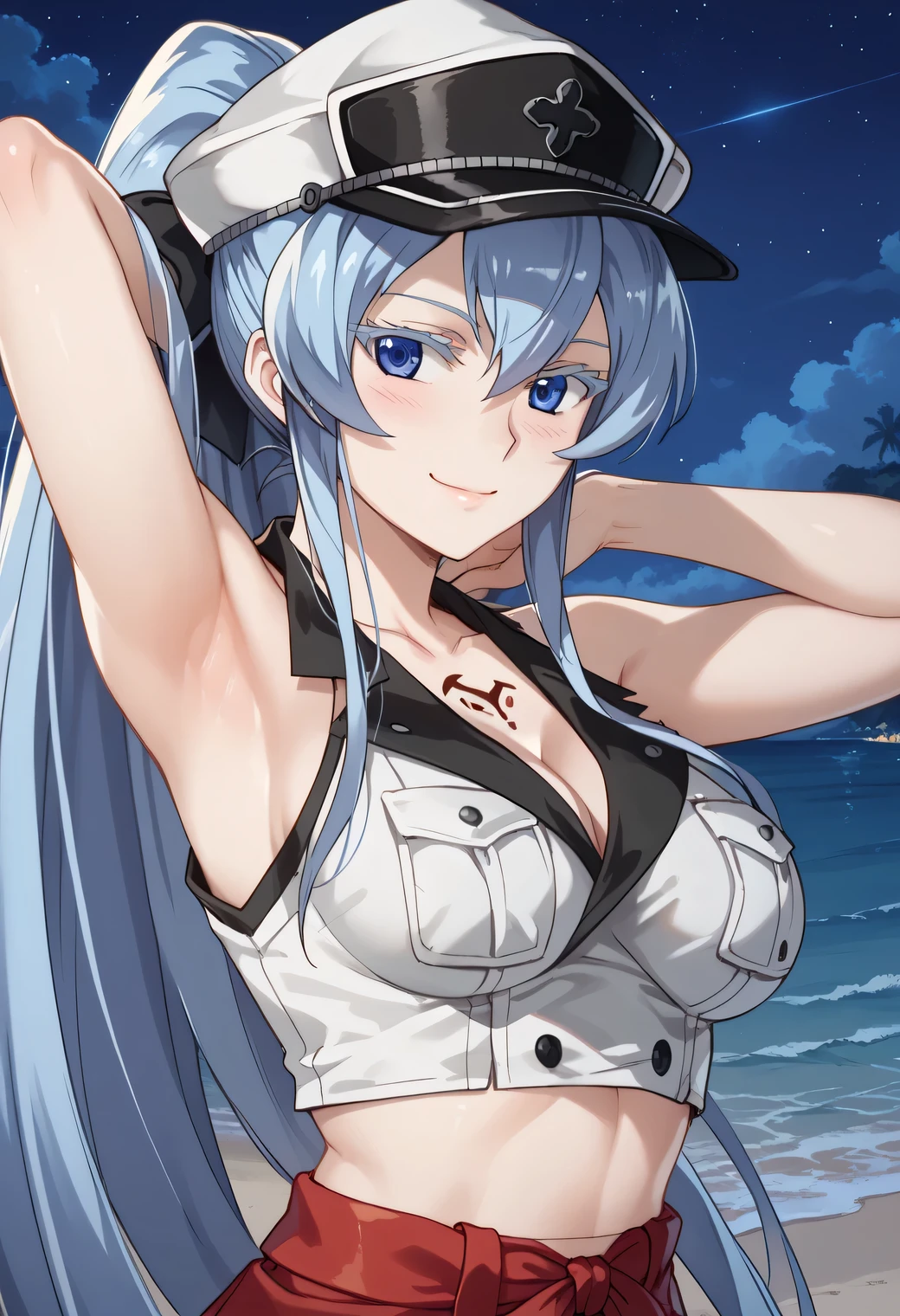 esdeath, 1girl, blue eyes, light blue hair, long hair, eyelashes, solo, 1girl, breasts, spread armpit, arms behind head, solo, looking at viewer, upper body, closed mouth, night sky, beach, masterpiece, best quality, smile, in the center, ERZASCARLET, SARASHI, CHEST SARASHI, RED HAKAMA, MIDRIFF, BARE SHOULDERS, PONYTAIL, HAT, blush