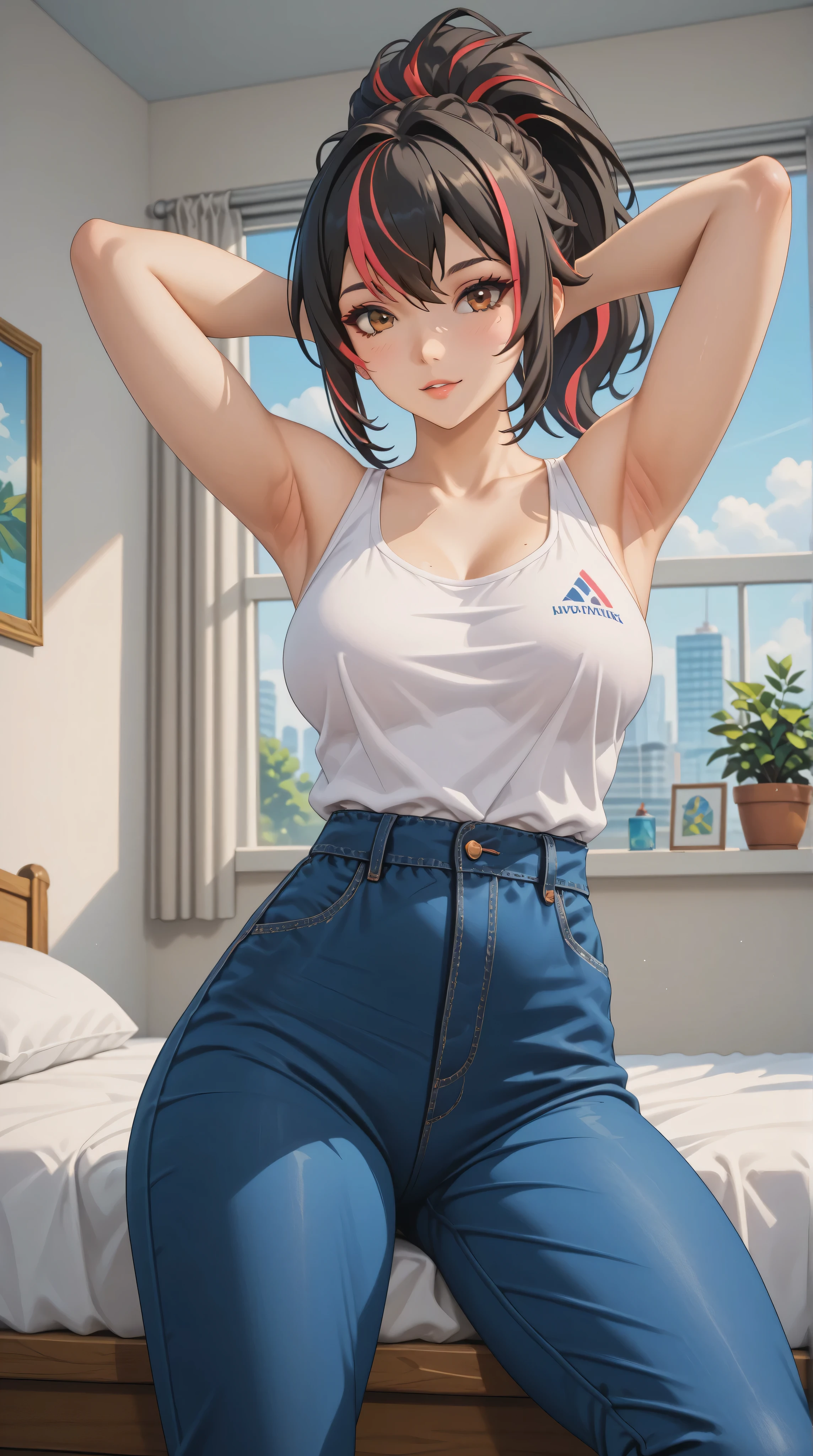 Masterpiece, extremely detailed,4k,solo, 1girl, Zhu yuan, beauty anime face, Brown eyes, ponytail streaked hair, full body ,perfect slim body ,arms behind head,perfect slim body, very large breasts,white tanktop,pink mini pants, Front look, bed room, sit on the bed, sunlight on the windows, cowboy shot, bokeh, photograph