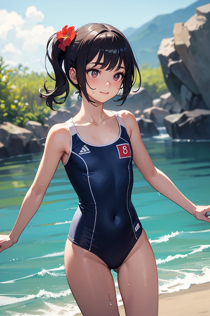 (high quality, 8k, 4K, High Contrast, masterpiece:1.2, 最high quality, Best aesthetics), , Very detailed, Seductive and erotic girl, Age 25，false smile, Forced smile，Shadowy Face，blush，Embarrassed，(Normal milk, ), Focus on the face, Small face，Complex eyes,, laced , Poolside,Pause waiting for insertion, Black Hair，Spatz-type competitive swimsuit，Toned Body，muscle質、muscle，Gatai is good，Muscular，Shortcuts