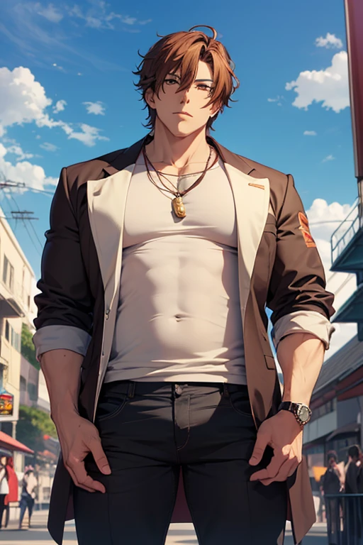 rinne, solo, portrait, bust, 1boy, red hair, blue eyes, shirtless, abs, denim, jeans, blue pants, torn pants, torn jeans