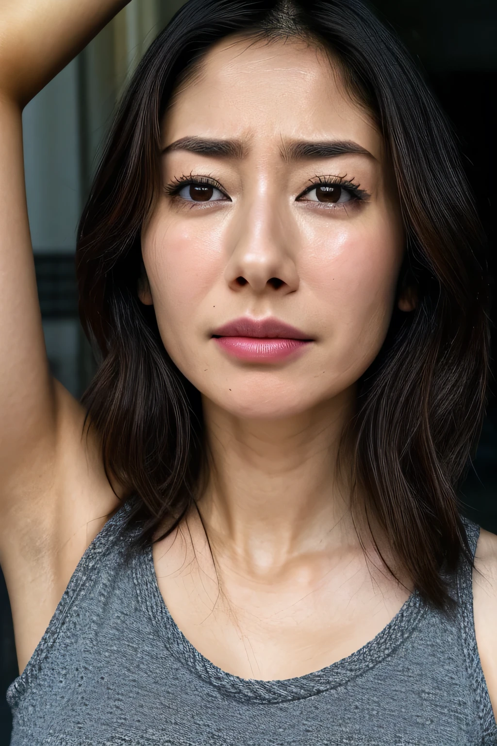 beautiful Japanese actress , 1 girl,Flying debris,, Award Winning Photos, very detailed, eye that sticks out above your tongue , Nose and mouth, face focus, face、 Age 35, review、Symmetrical face, Insulated 、 angle 、 Dilated C-shaped nostrils ,(Sharp Nose)Sweaty skin、 oily skin,(Brow wrinkles))( stick out semen )、(( thin eyebrows on boots)) oily skin 、 Glowing Skin、 double eyelids、、 Beauty 、 medium hair 、 shortcuts、 tank top , I can see the sky 、 Shibuya Center Street 、((( show me your side ,throw))), Raised eyebrows , (((Hold your mouth, Frowning, is crazy, Frowning))), Textured Skin,Long upper arms,(( open eyes and cry, , drunk, The face of durability))squats, big breasted ,(( always raise your arms to show both sides))((Long arms,Frowningをする,Smelling , Irritated , sad, I'm sleepy I saw , Frowning, The face of endurance))