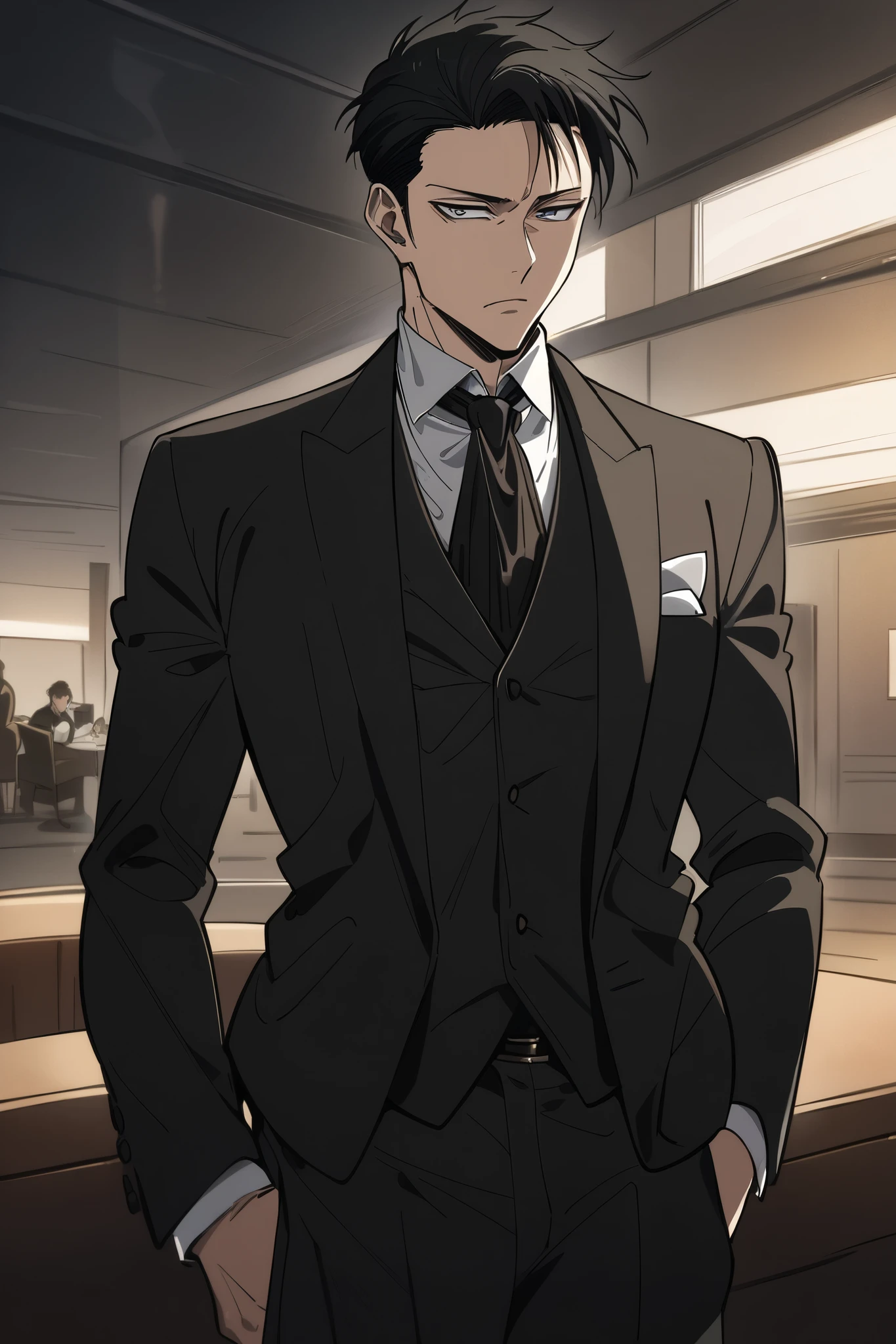 .Full-length picture 
Levi Ackermam in a dapper black suit looking handsome and charismatic and badass with a sexy expression.Masterpiece, Best Quality, Award Winning, UHD, Anime, Anime Style, Anatomically Correct, High Details, High Quality, Super Detailed, 