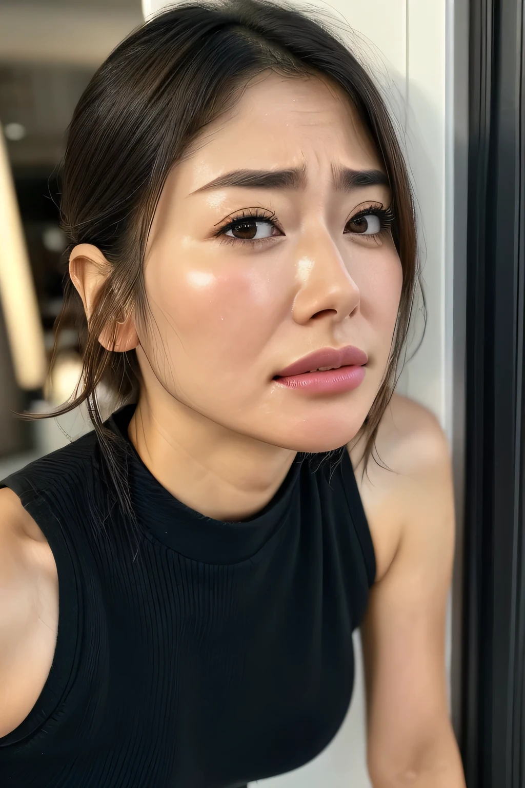 beautiful Japanese actress , 1 girl,Flying debris,, Award Winning Photos, very detailed, eye that sticks out above your tongue , Nose and mouth, face focus, face、 Age 35, review、Symmetrical face, Insulated 、 angle 、 Dilated C-shaped nostrils ,(Sharp Nose)Sweaty skin、 oily skin,(Brow wrinkles))( stick out semen )、(( thin eyebrows on boots)) oily skin 、 Glowing Skin、 double eyelids、、 Beauty 、 medium hair 、 shortcuts、 tank top , I can see the sky 、 Shibuya Center Street 、((( show me your side ,throw))), Raised eyebrows , (((Hold your mouth, Frowning, is crazy, Frowning))), Textured Skin,Long upper arms,(( open eyes and cry, , drunk, The face of durability))squats, big breasted ,(( always raise your arms to show both sides))((Long arms,Frowningをする,Smelling , Irritated , sad, I'm sleepy I saw , Frowning, The face of endurance))