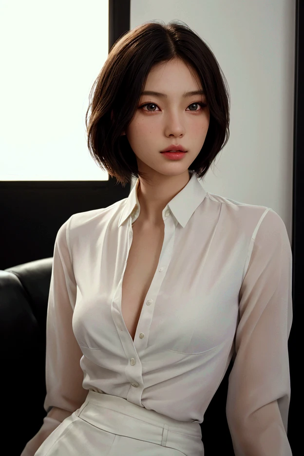 top-quality, masterpiece, hight resolution, 1girl in, beautiful and flawless face, Bob Layer Cut, white shirt, a miniskirt、intricate-detail, Cinematic feel, 8K, ighly detailed、hugetits、Angle from the side、up chest、beautiful countenance、Full body shot、1 persons、Bright hotel bedroom with sunshine、on the beds、Futomo、Panchira、25 years old、Elegant face、You can clearly see the shape of the chest、up chest、open one's legs、Small breasts、Open your crotch、