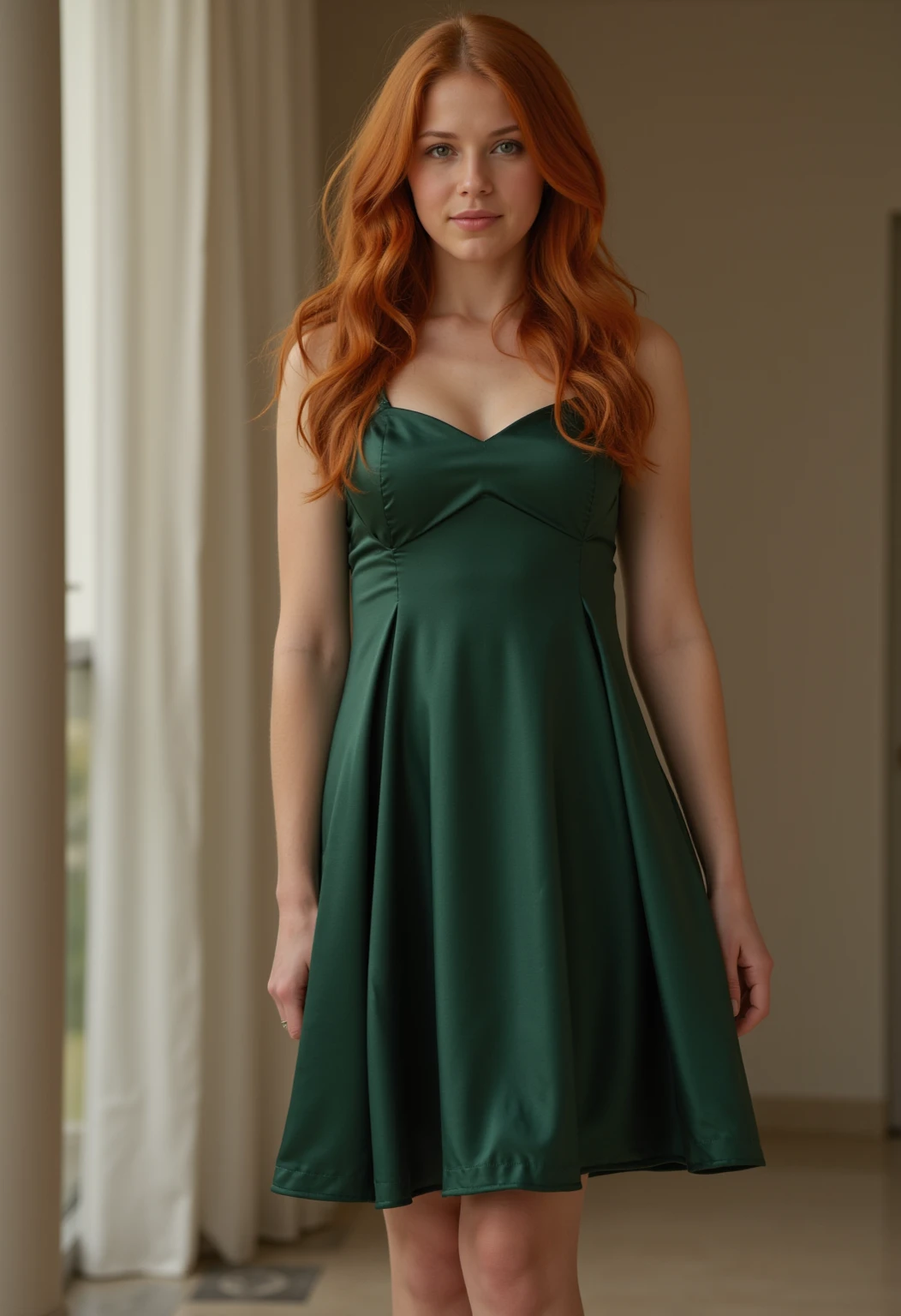  Young red-haired woman, beautiful eyes. long ginger hair. Short strap dress made of shiny dark green satin, Tights, 项链, transparent lip gloss, narrow building, Pretty, 2, Full body photo, long legs, Satin top, Standing in a church and playing with the dress, looks stunning. is enthusiastic